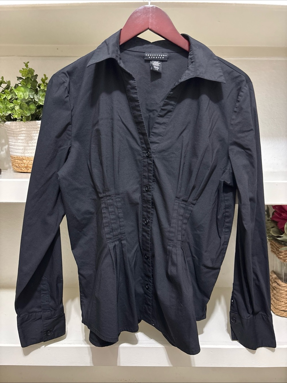 Apostrophe Stretch Women’s Black Button Down Long Sleeve Shirt Size L